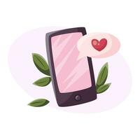 teléfono inteligente con amor mensaje y hojas. vector ilustración