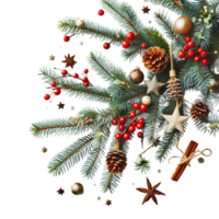 AI generated A Christmas tree branch with pine cones and colorful ornament on a transparent background png