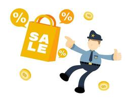 police officer and special sale shop bag cartoon doodle flat design style vector illustration