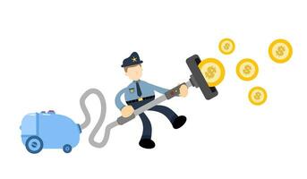 police officer and vacuum cleaner clean catch money cartoon doodle flat design style vector illustration