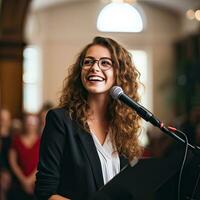 ai generado hermosa joven mujer canto con el micrófono. artista vocalista cantante, generativo ai ilustración. foto