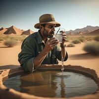 AI generated A man is drinking a glass of water in the middle of the desert from a well photo