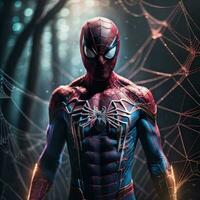 AI generated Spiderman with spider web on dark jungle background. 3D rendering. photo