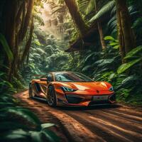 AI generated 3D rendering of modern Ferrari Car in the jungle photo