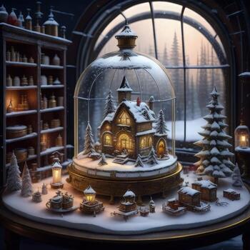 AI generated New Year miniature house in a glass dome with a garland of candles in the window. photo