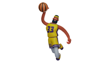 3d ilustração. basquetebol atleta 3d desenho animado personagem. basquetebol atleta é competindo e babar a bola. uma barbudo homem quem é uma basquetebol atleta tem uma Alto postura. 3d desenho animado personagem png