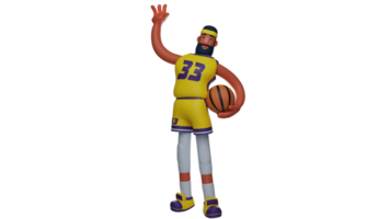 3D Illustration. Basketball Player 3D cartoon character. Basketball player carry one basketball. Athlete is ready to compete. Friendly basketball player waving hands to someone. 3D cartoon character png