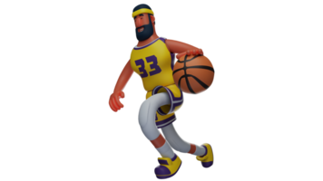 3D Illustration. Great athlete 3D Cartoon Character. Basketball athlete use yellow jarsey and other basketball equipment. Athlete looks seriously dribbling to the opponent's ring. 3D cartoon character png