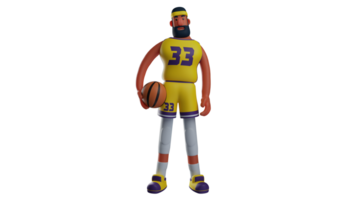 3D Illustration. Handsome Athlete 3D Cartoon Character. Basketball player stand up and carry basketball. Athlete who smile sweetly and are able to capture everyone who sees it. 3D cartoon character png