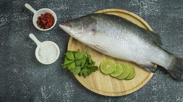 a fish on a cutting board with lime and herbs photo