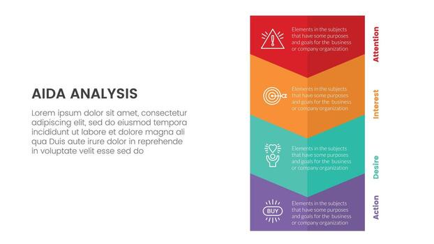 aida model for attention interest desire action infographic concept with big vertical arrow to bottom direction 4 points for slide presentation style vector