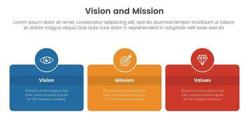 business vision mission and values analysis tool framework infographic with box and circle badge horizontal 3 point stages concept for slide presentation vector