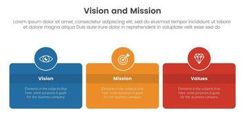 business vision mission and values analysis tool framework infographic with box and circle badge horizontal 3 point stages concept for slide presentation vector