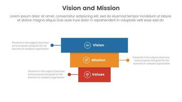 negocio visión misión y valores análisis herramienta marco de referencia infografía con rectángulo pirámide hacia atrás 3 punto etapas concepto para diapositiva presentación vector