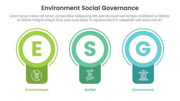 esg environmental social and governance infographic 3 point stage template with badge circle banner shape concept for slide presentation vector