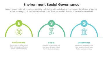 esg environmental social and governance infographic 3 point stage template with half circle shape concept for slide presentation vector