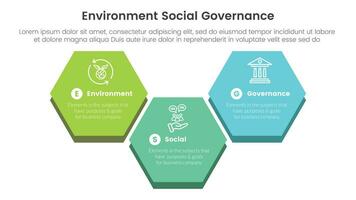 esg environmental social and governance infographic 3 point stage template with big honeycomb shape concept for slide presentation vector