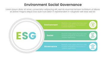 esg environmental social and governance infographic 3 point stage template with big circle and long text box connection concept for slide presentation vector