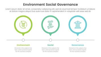 esg environmental social and governance infographic 3 point stage template with 3 circle timeline right direction concept for slide presentation vector