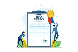 internacional Certificación concepto. empresarios quien seguir calidad controlar estándares calidad controlar estándares, Yo asi estándares, Yo asi certificado premios, plano vector ilustración en antecedentes.