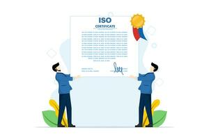 internacional Certificación concepto. empresarios quien seguir calidad controlar estándares calidad controlar estándares, Yo asi estándares, Yo asi certificado premios, plano vector ilustración en antecedentes.