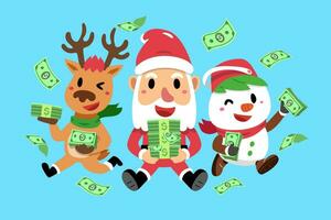 Merry Christmas vector cartoon santa claus and friend with money