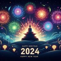 AI generated A Majestic Firework Display Illuminates the Skyline in a Festive Welcome to Happy New Year 2024 photo