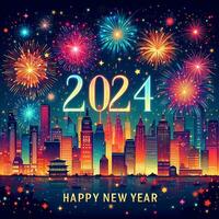 AI generated A Majestic Firework Display Illuminates the Skyline in a Festive Welcome to Happy New Year 2024 photo