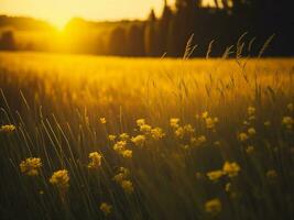 AI generated Abstract soft focus sunset field landscape of yellow flowers and grass meadow warm golden hour sunset sunrise time. Tranquil spring summer nature closeup and blurred forest background. photo