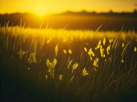 ai generado resumen suave atención puesta de sol campo paisaje de amarillo flores y césped prado calentar dorado hora puesta de sol amanecer tiempo. tranquilo primavera verano naturaleza de cerca y borroso bosque antecedentes. foto