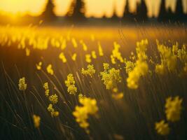 AI generated Abstract soft focus sunset field landscape of yellow flowers and grass meadow warm golden hour sunset sunrise time. Tranquil spring summer nature closeup and blurred forest background. photo