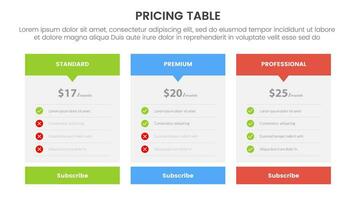 pricing table or price comparison infographic 3 point stage template with boxed shape and arrow header combination for slide presentation vector