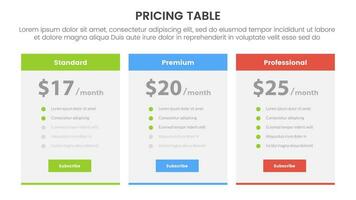 pricing table or price comparison infographic 3 point stage template with boxed table and header title for slide presentation vector