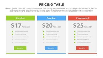 pricing table or price comparison infographic 3 point stage template with boxed table and header title for slide presentation vector