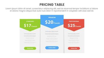 pricing table or price comparison infographic 3 point stage template with arrow badge header stack for slide presentation vector