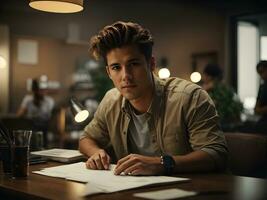 AI generated Handsome man sitting and working in a cafe photo