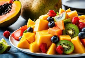 ai generado un vistoso Fruta ensalada con rebanadas de mango, papaya, piña, kiwi, y banana. foto