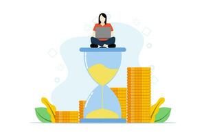 Multitasking, productivity and time management concept. business character using laptop with hourglass, project team work schedule, good business process, time organization efficiency. vector