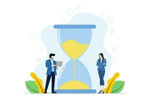 Multitasking, productivity and time management concept. business character using laptop with hourglass, project team work schedule, good business process, time organization efficiency. vector