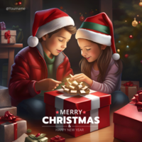 ai generado alegre Navidad tarjeta modelo con chico y niña con Navidad regalos en un acogedor hogar psd