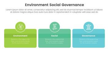 esg environmental social and governance infographic 3 point stage template with box and circle badge horizontal concept for slide presentation vector