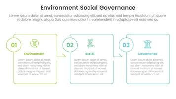 esg environmental social and governance infographic 3 point stage template with box outline arrow right direction concept for slide presentation vector