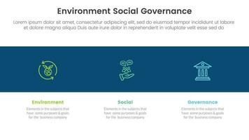 esg environmental social and governance infographic 3 point stage template with icon in black horizontal background concept for slide presentation vector