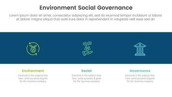 esg environmental social and governance infographic 3 point stage template with icon in black horizontal background concept for slide presentation vector