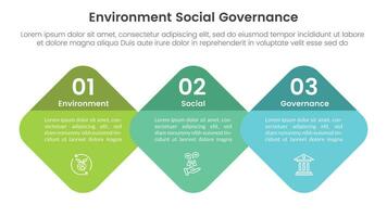 esg environmental social and governance infographic 3 point stage template with round honeycomb or skewed square concept for slide presentation vector