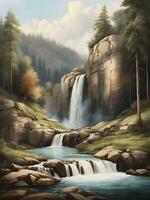 AI generated Watercolor waterfall with rustic nature view photo