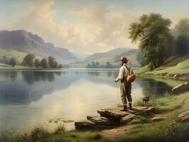 AI generated Man fishing on near near lake wiht rustic nature. photo