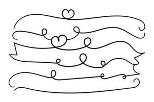 Hand drawn curly hearts scroll Line Calligraphic writing outline ribbon, calligraphy lettering poster useful valentine day, blank space writing for text, ribbon romantic love empty outline banner vector