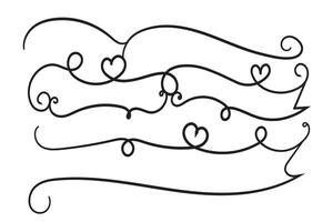 Hand drawn curly hearts scroll Line Calligraphic writing outline ribbon, calligraphy lettering poster useful valentine day, blank space writing for text, ribbon romantic love empty outline banner vector