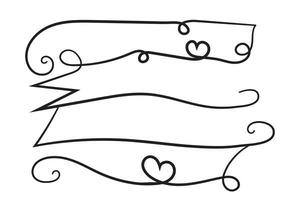 Hand drawn curly hearts scroll Line Calligraphic writing outline ribbon, calligraphy lettering poster useful valentine day, blank space writing for text, ribbon romantic love empty outline banner vector